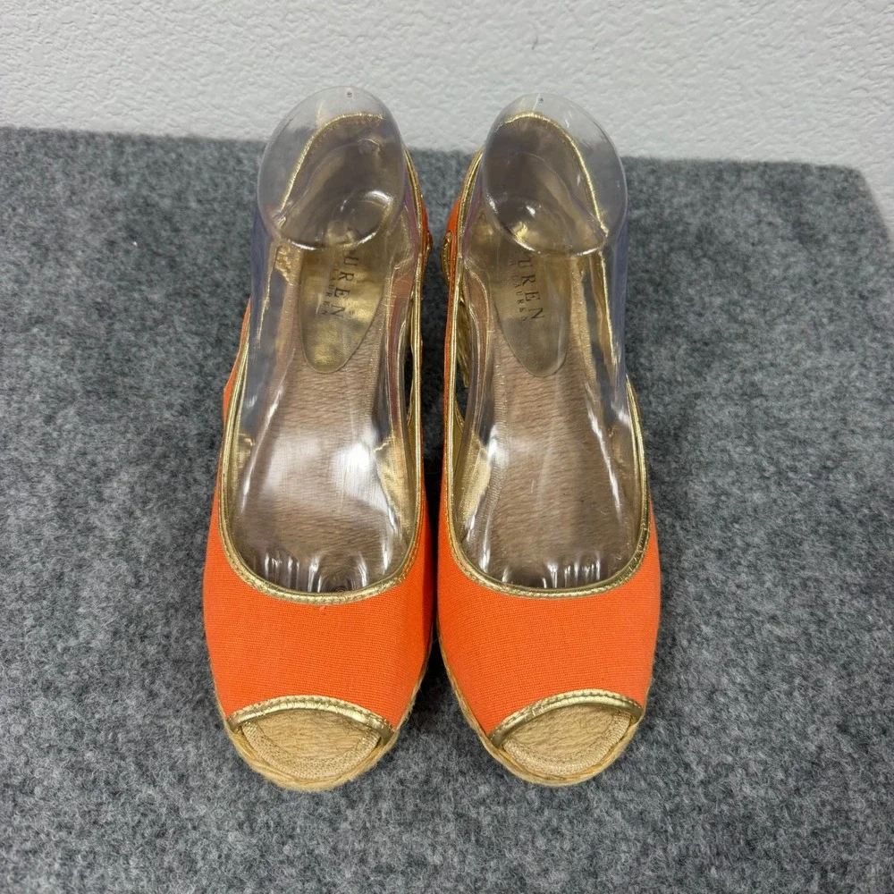 Lauren Ralph Lauren Charlotte Espadrille Wedge Women 8B Orange Textile Gold GUC